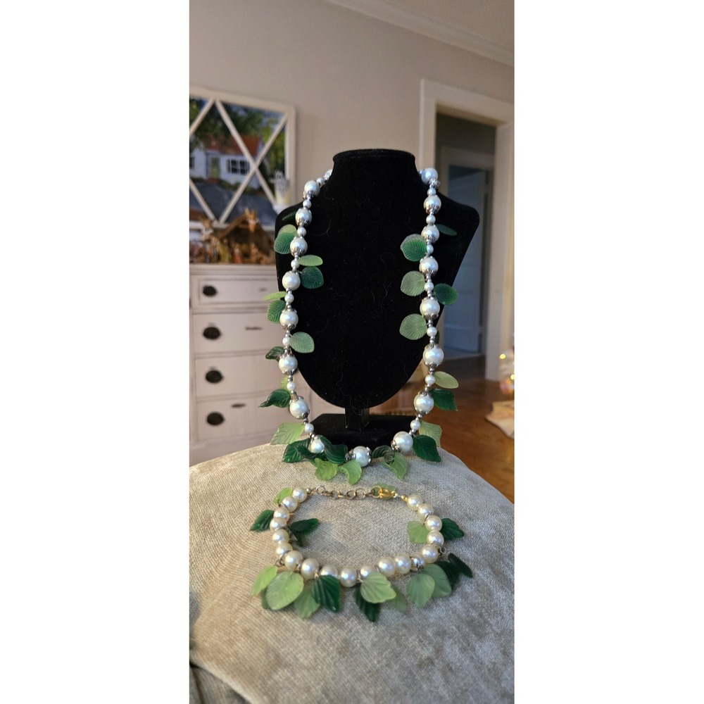 Glass Leaves Pearl Necklace Matching Bracelet Silver Accents Delicate Fairy-Core